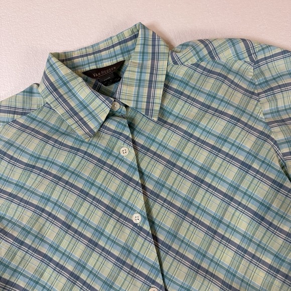 Van Heusen Tops - Van Heusen Women Blue Green Plaid Button Up Collared Short Sleeve Blouse Size M